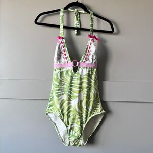 Letarte‎ Maui Monstera Floral One Piece Swimsuit Womens Medium Green Pink Bows